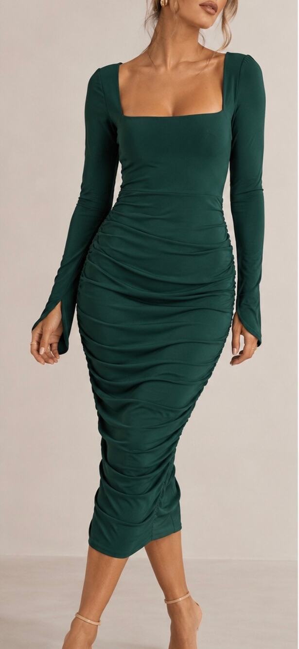Club L London Green Ruched Long Sleeve Bodycon Midi Dress US 8 EUC